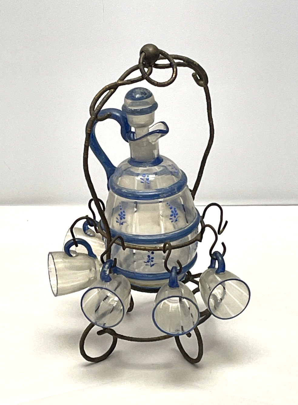 Antique Moser Style Enamel Glass Decanter Cordial Set 5 Cups Wire Stand 11.5"